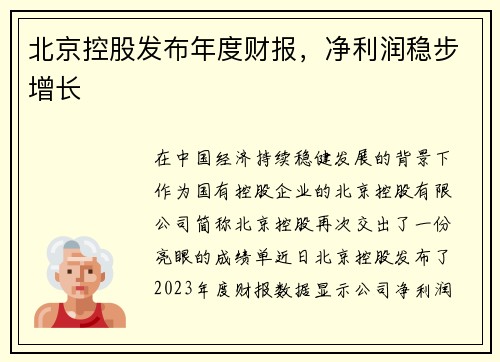 北京控股发布年度财报，净利润稳步增长