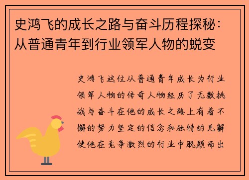 史鸿飞的成长之路与奋斗历程探秘：从普通青年到行业领军人物的蜕变