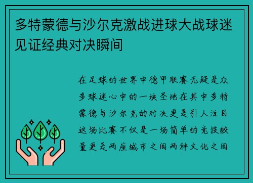 多特蒙德与沙尔克激战进球大战球迷见证经典对决瞬间